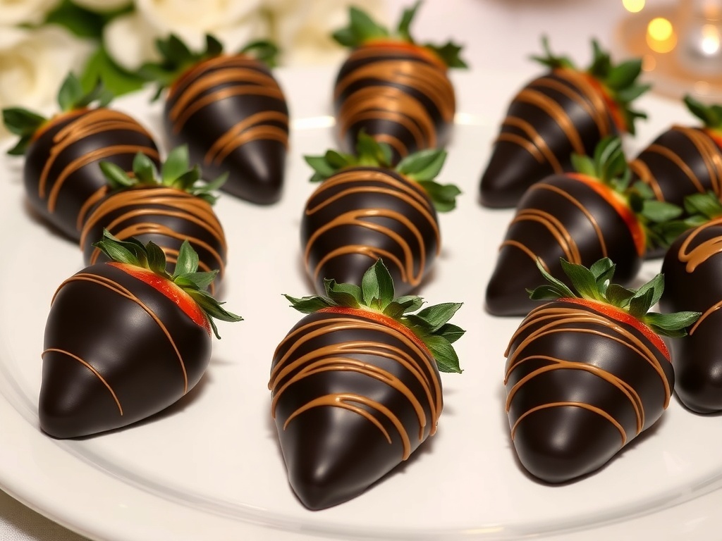 Elegant black chocolate covered strawberries with gold swirls on a white platter.